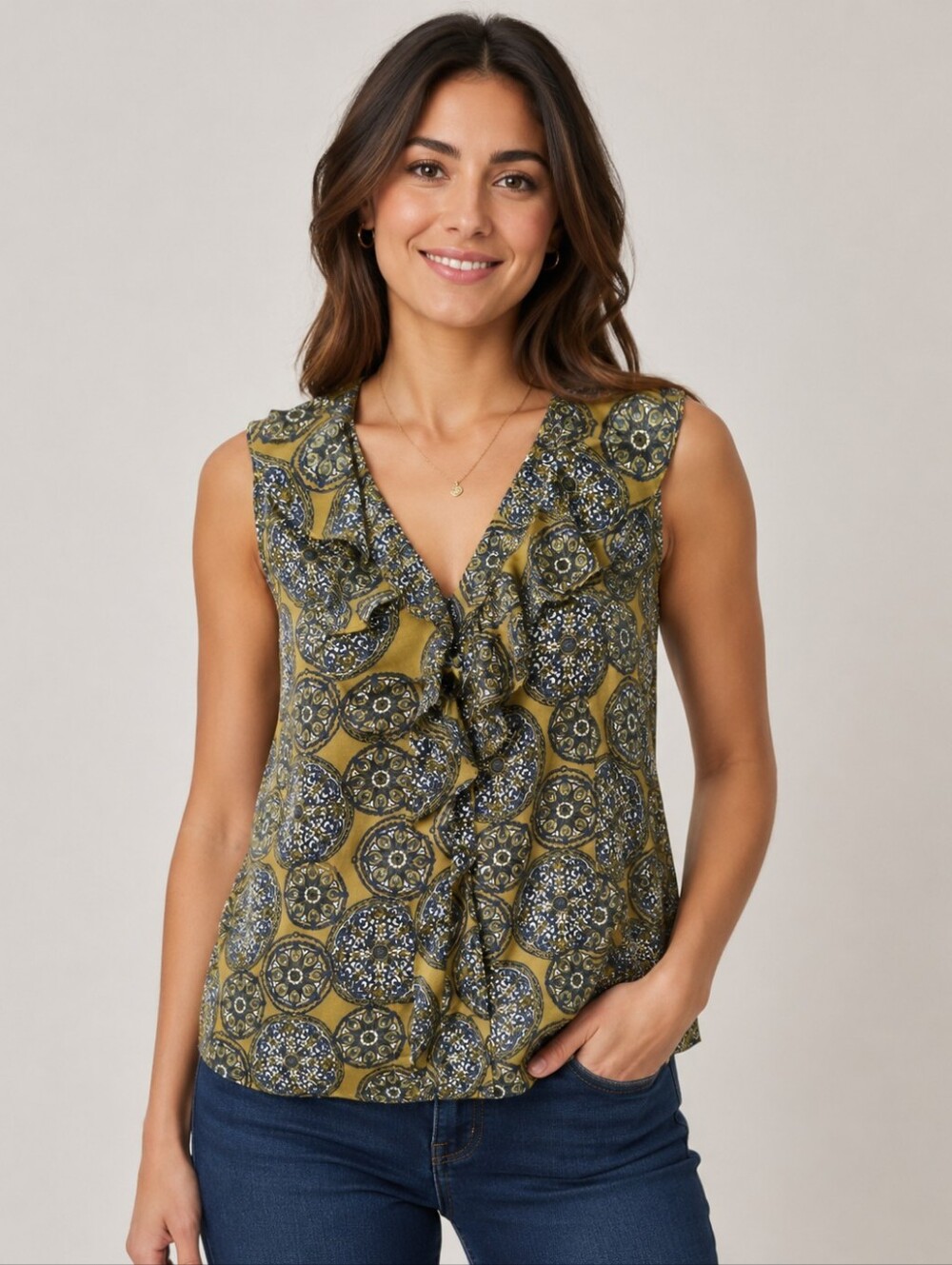 Apt. 9 Green White Paisley Ruffle V-Neck Woven Blouse Sleeveless Size S